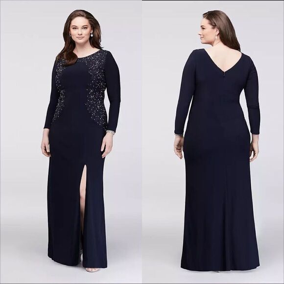 Alex Evenings Crystal Lace Applique Long Sleeve Gown Size 20W Slit Navy - Picture 1 of 10